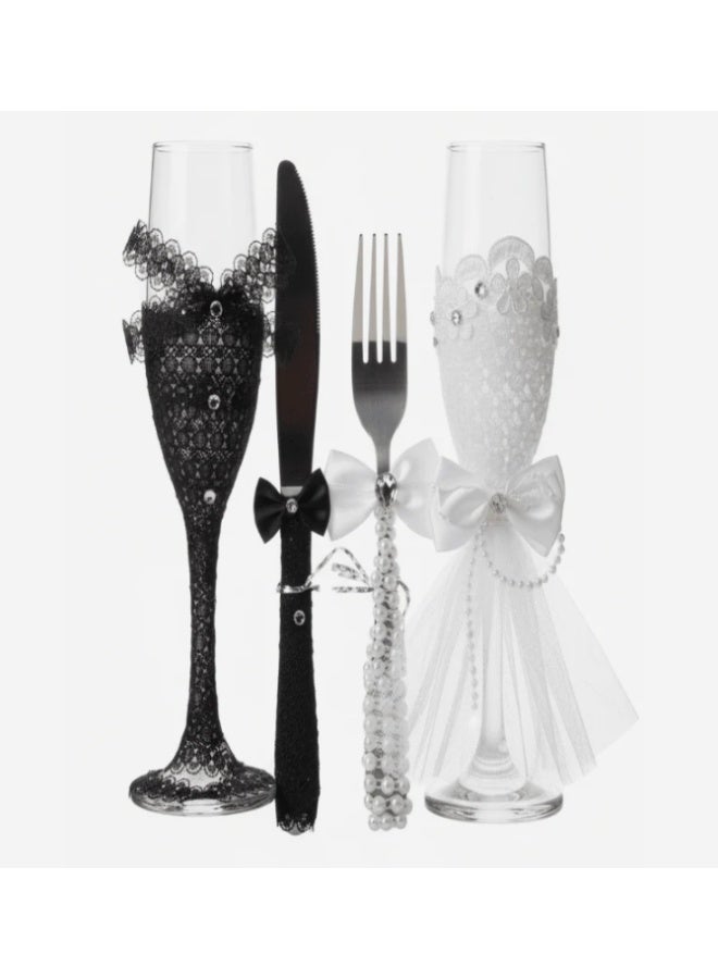 AKDC Wedding Champagne Flute & Cake Server Set – Includes 2 Glasses, Knife & Fork, Black & White
